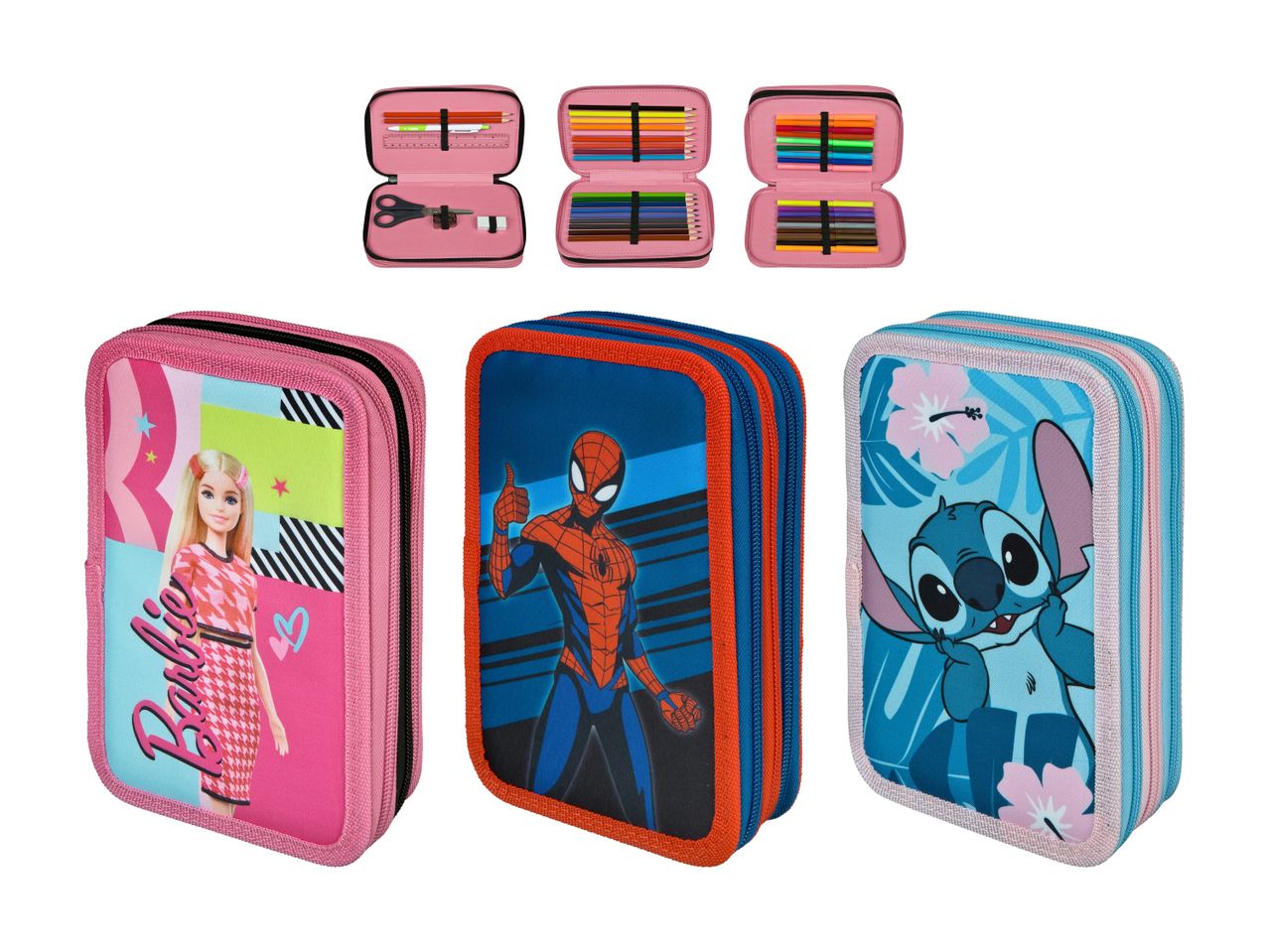 Barbie, Spiderman og Stitch penalhuse med blyanter og saks.