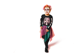 Child in a skeleton Halloween costume with a floral headband and face paint.