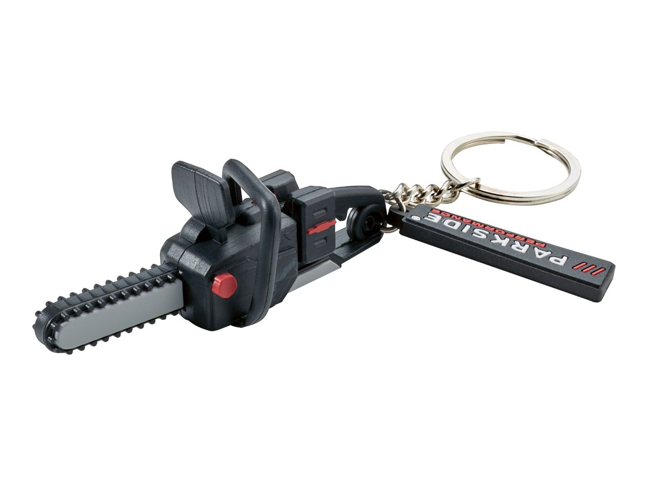 Miniature chainsaw keychain with a black and red design, featuring the brand name 'PARKSIDE'.