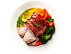 A roasted pork loin with sliced vegetables and herbs on a white plate.