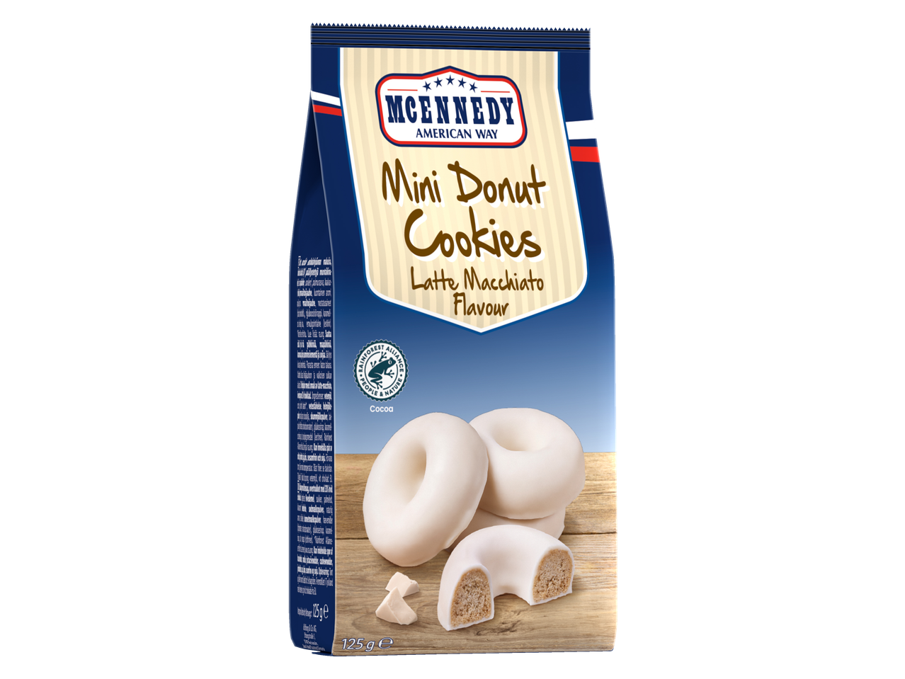 MCENNEDY Mini Donut Cookies Latte Macchiato smaak, 125g verpakking.