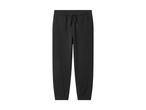 Black sweatpants with an elasticated waist and drawstring, cuffed ankles.
