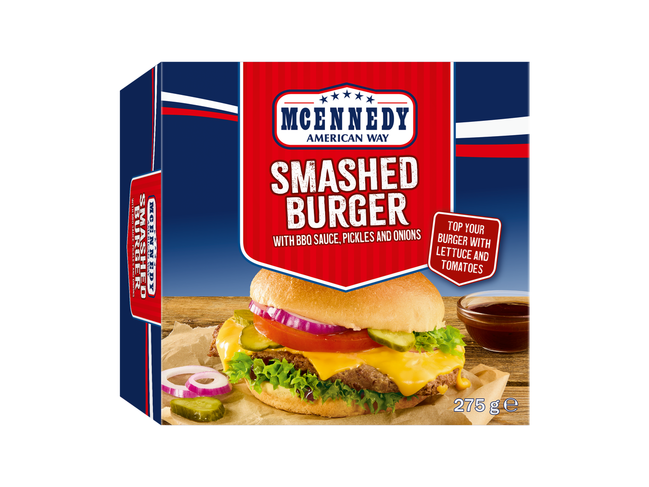 MCENNEDY Smashed Burger met BBQ-saus, augurken en uien, 275g.