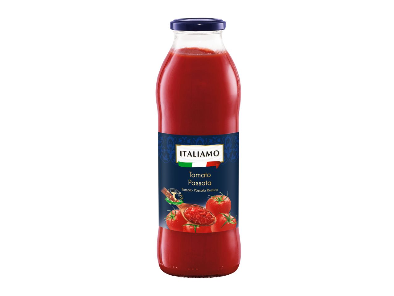 A bottle of Italian Tomato Passata (Tomato Passata Rustica) on a white background.