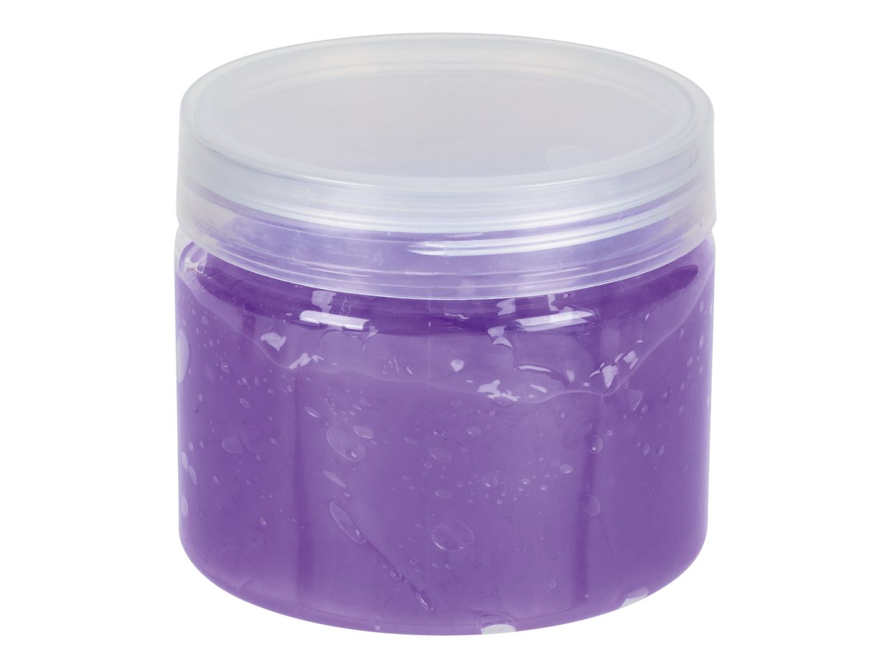 A jar of purple slime with a clear plastic lid.