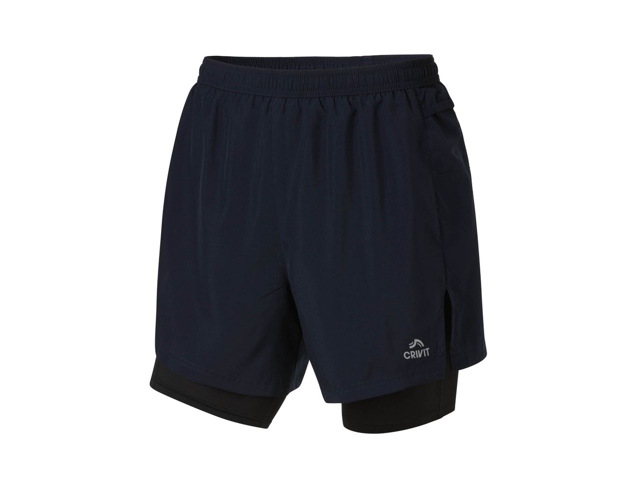 Pantaloncini sportivi da uomo Crivit blu scuro con strato interno nero.