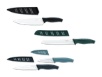 Ein Set aus drei Messern mit Schutzhüllen in Schwarz, Grün und Blau.