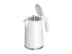 White electric kettle with an open lid and a textured honeycomb pattern.