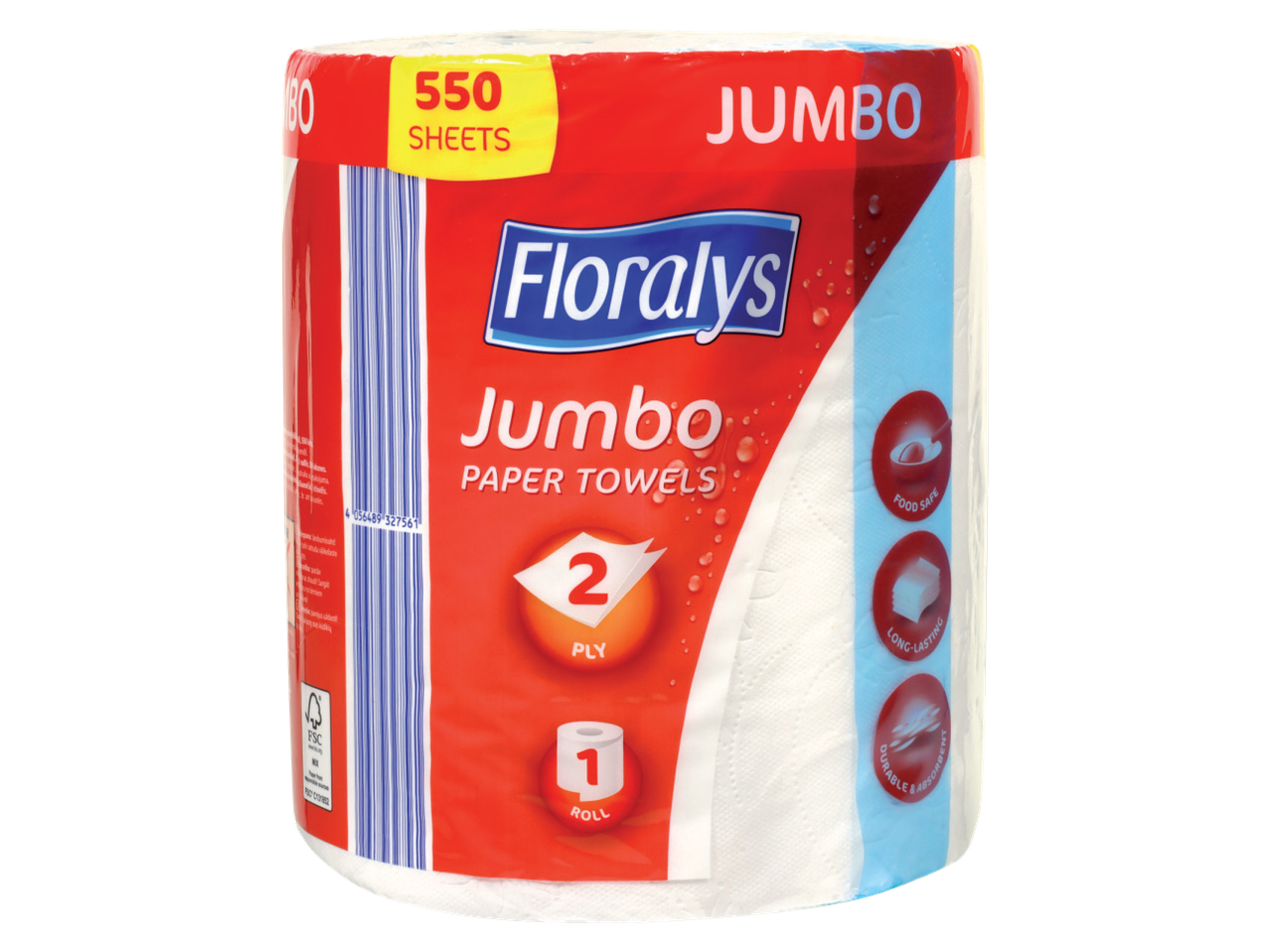 Floralys Jumbo 2 kārtu papīra dvieļi, 1 rullis ar 550 loksnēm