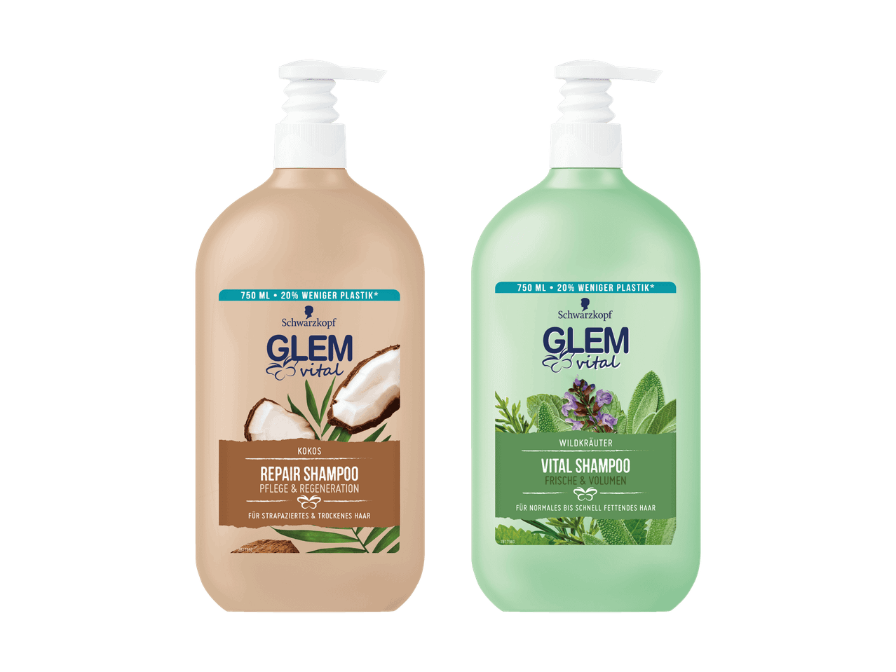 Zwei Glem Vital Shampoos: Kokos Repair Shampoo und Wildkräuter Vital Shampoo.