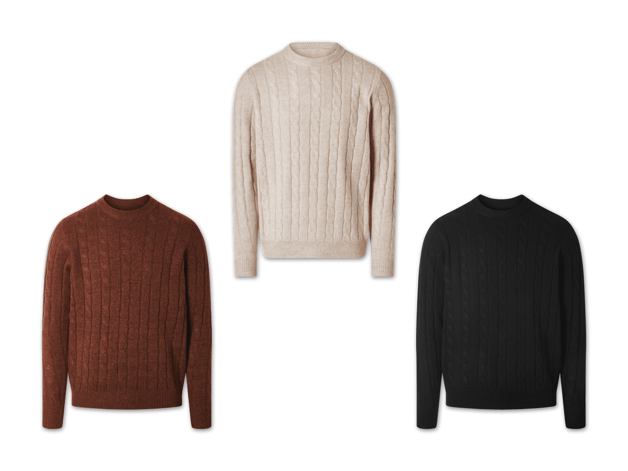 Drei gestrickte Pullover in Beige, Braun und Schwarz mit Zopfmuster.