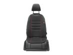 Black car seat with red stitching and headrest on a white background