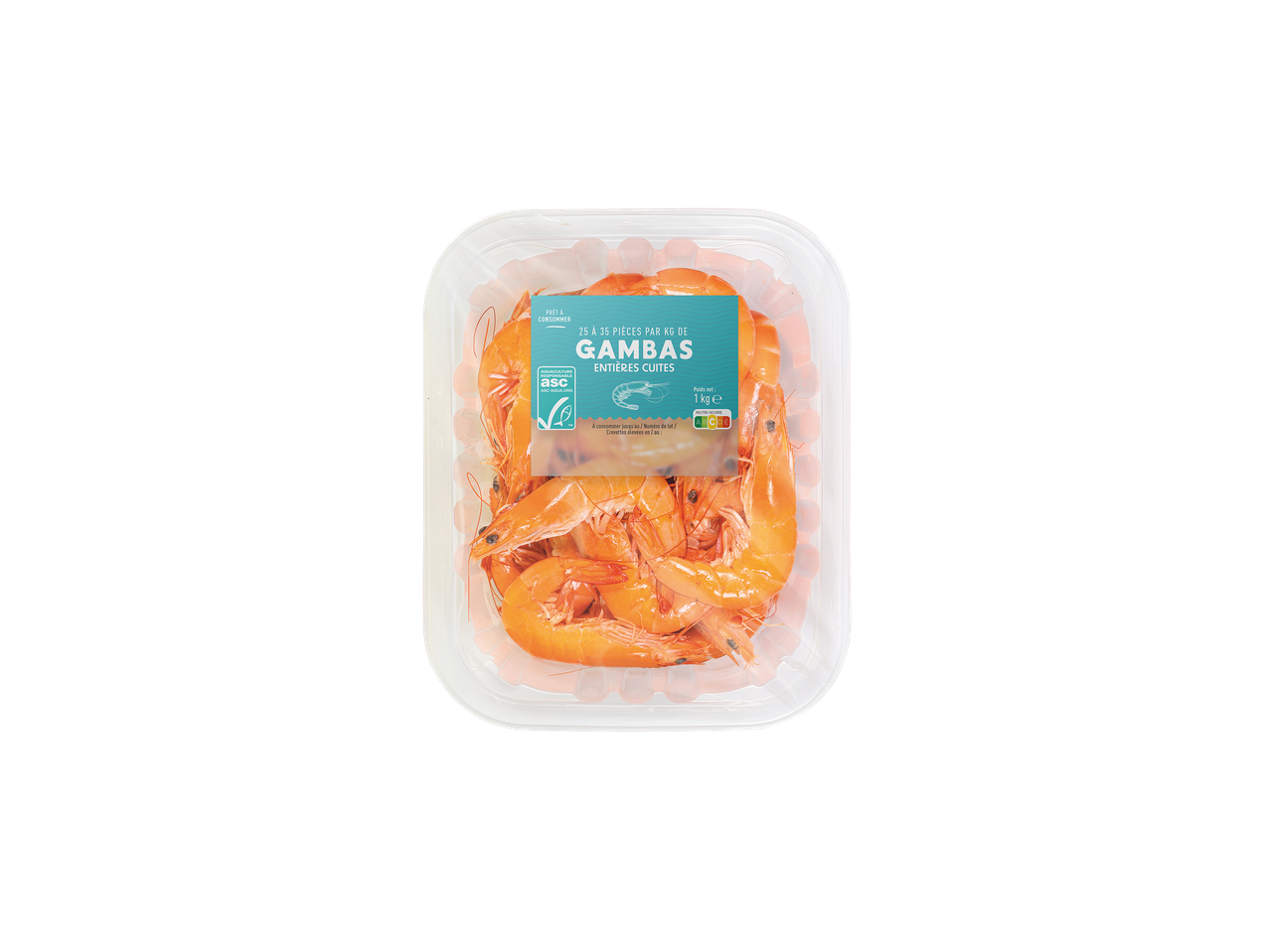 Barquette de gambas entières cuites, prêtes à consommer, avec étiquette ASC et Nutri-Score.