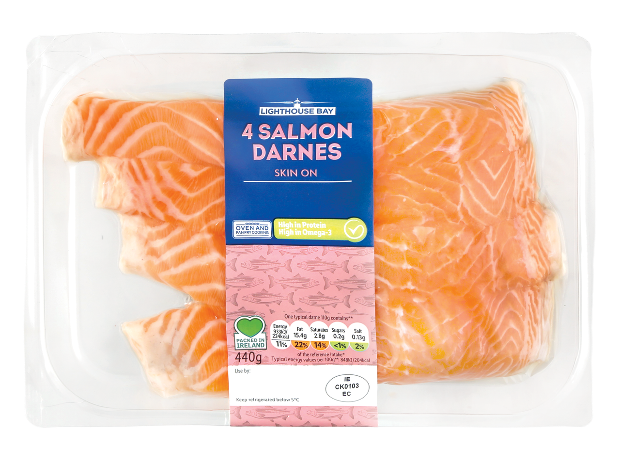 Lighthouse Bay 4 Salmon Darnes, skin on, in a clear plastic tray.