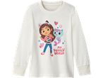 White long-sleeve shirt with Gabby's Dollhouse character Gabby and a mermaid cat.