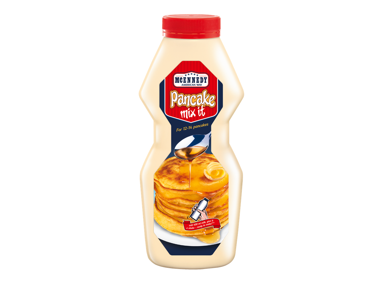 Bouteille de préparation pour pancakes, avec une image de pancakes nappés de sirop et de beurre.
