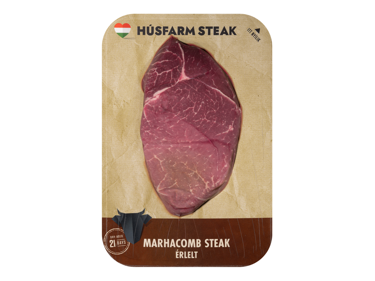 Húsfarm érlelt marhacomb steak csomagolásban.