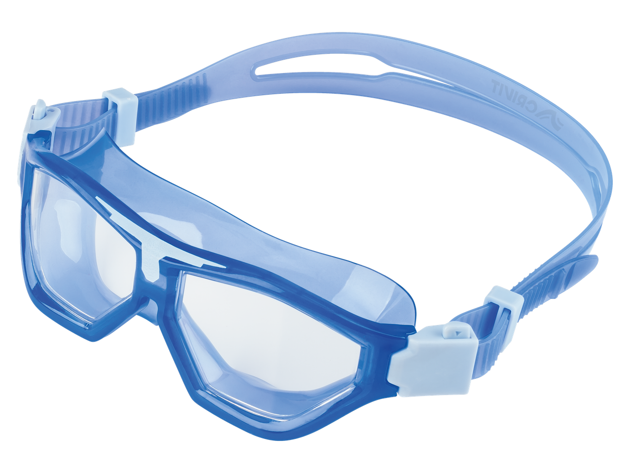 Ochelari de înot CRIVIT albaștri cu lentile transparente și curea ajustabilă.