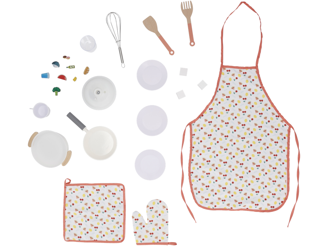 Играчки кухненски прибори и храна с престилка и ръкавици за фурна с плодов десен.