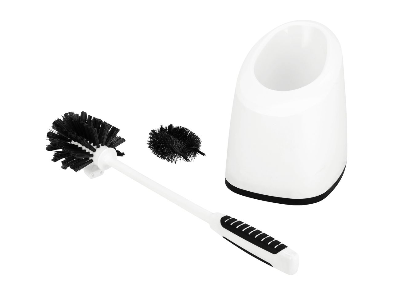White toilet brush with black bristles and a matching holder, plus a smaller brush.