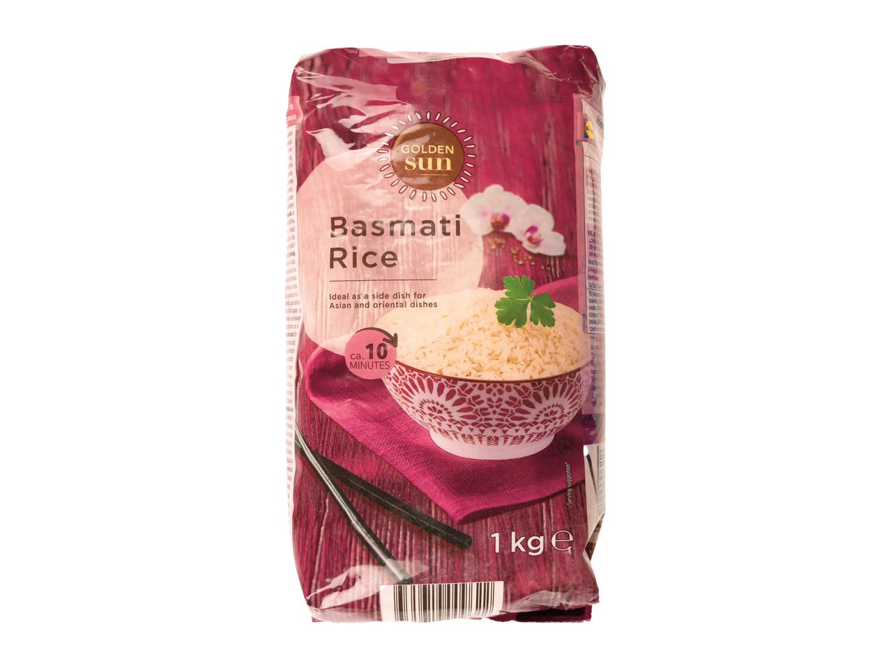 Pachet de orez Basmati Golden Sun, ideal ca garnitură pentru mâncăruri asiatice.