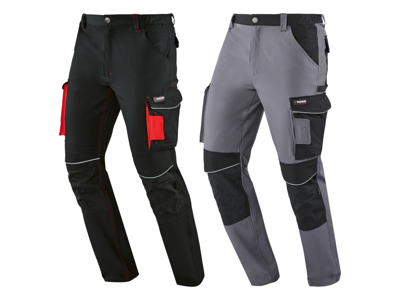 Dvoje radnih hlača u crnoj i sivoj boji s džepovima i reflektirajućim detaljima.