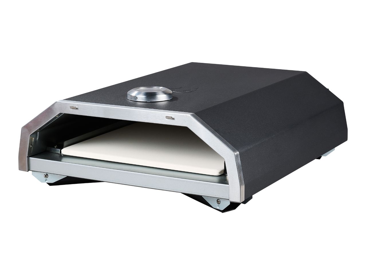Black and silver pizza oven with a white pizza stone inside, viewed from an angle.