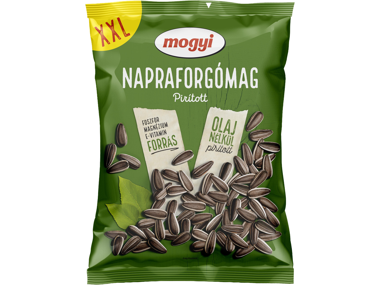 Zöld csomagolású, pirított napraforgómag, XXL méretben, foszfor, magnézium és E-vitamin forrás.