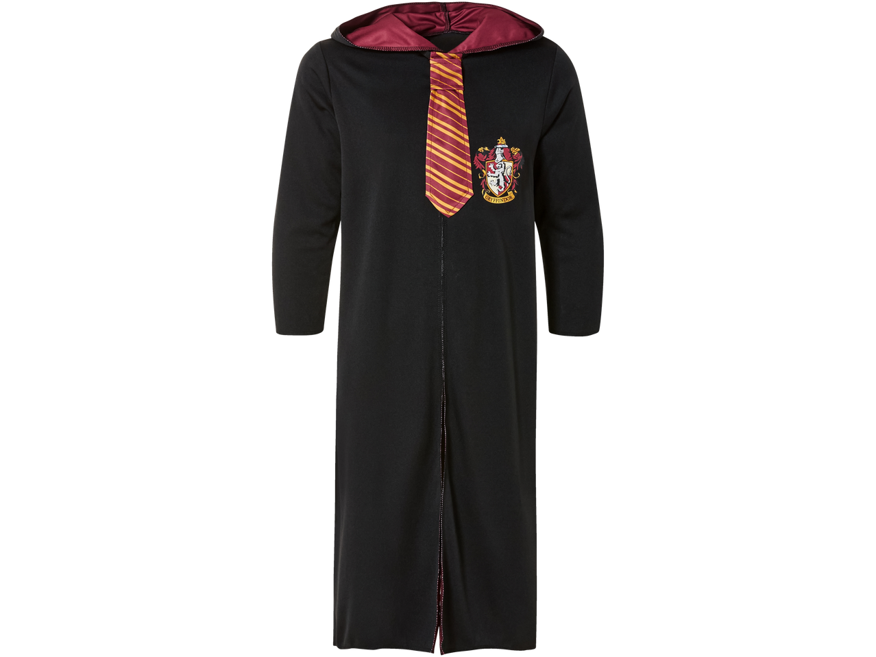 Kids' Harry Potter Gryffindor costume with a black robe, red and gold tie, and house crest.