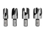 A set of four metal plug cutters of different sizes: 6, 10, 13, and 16.