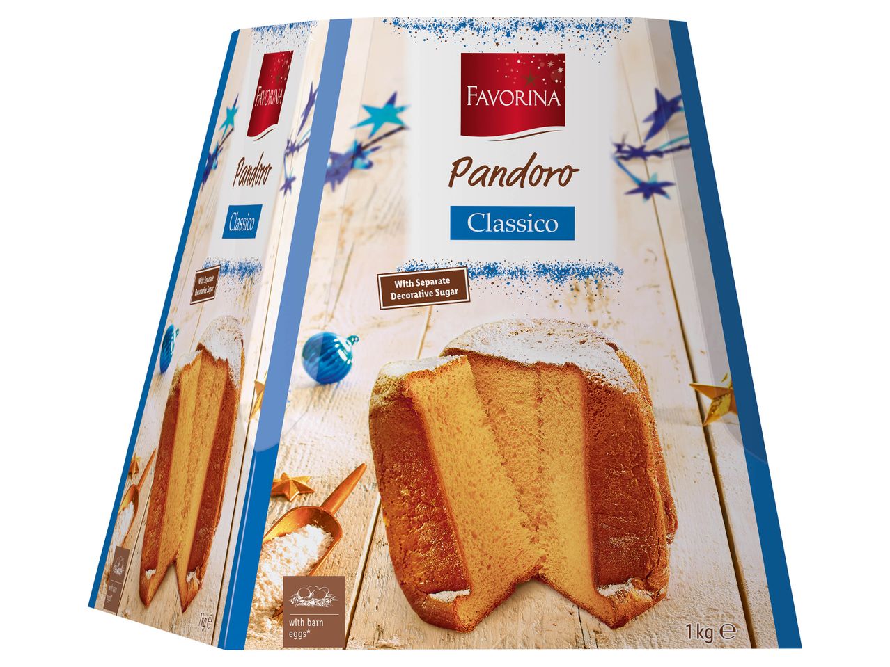 Boîte de Pandoro Classico Favorina avec sucre décoratif séparé et œufs de poules élevées en grange.