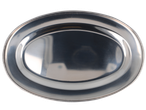 An oval-shaped stainless steel serving platter or tray