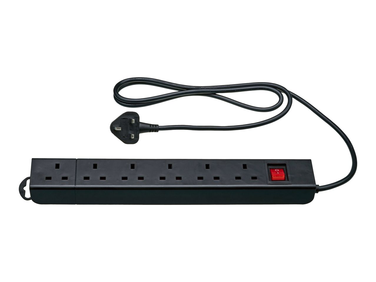 Black 6-way extension lead with a red power switch and UK plug