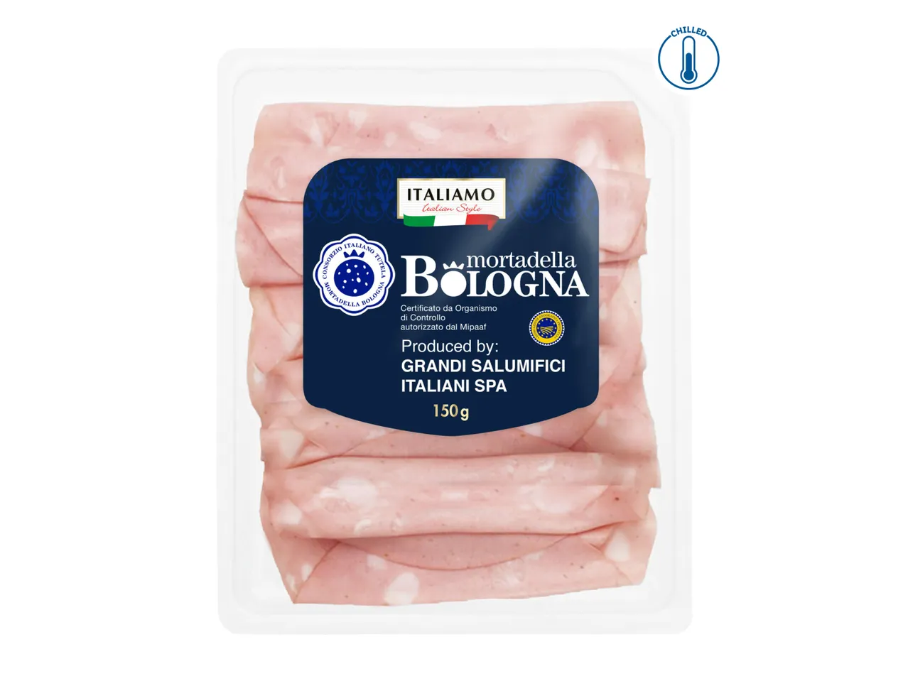 Packaged Mortadella Bologna with 'Italiamo Italian Style' branding.