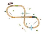 An overhead view of a wooden toy train set with a figure-eight track, trains, and accessories.