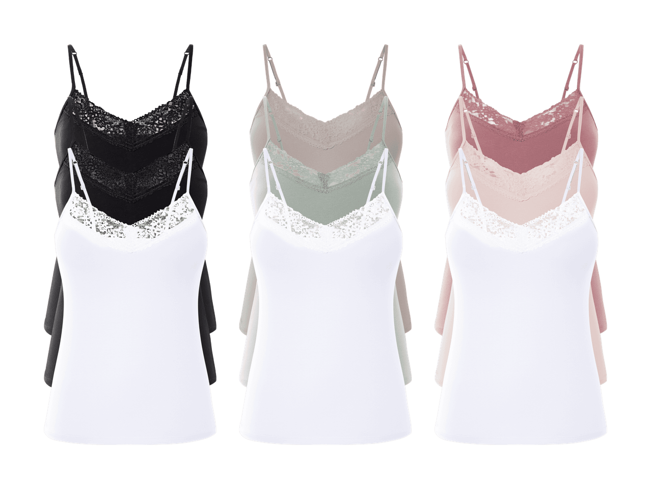Tre sæt af camisole toppe med blonder i sort, hvid, grå, grøn, rosa og lyserød.