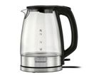 Glass electric kettle with a black handle and lid, featuring volume markings and a stainless steel base.