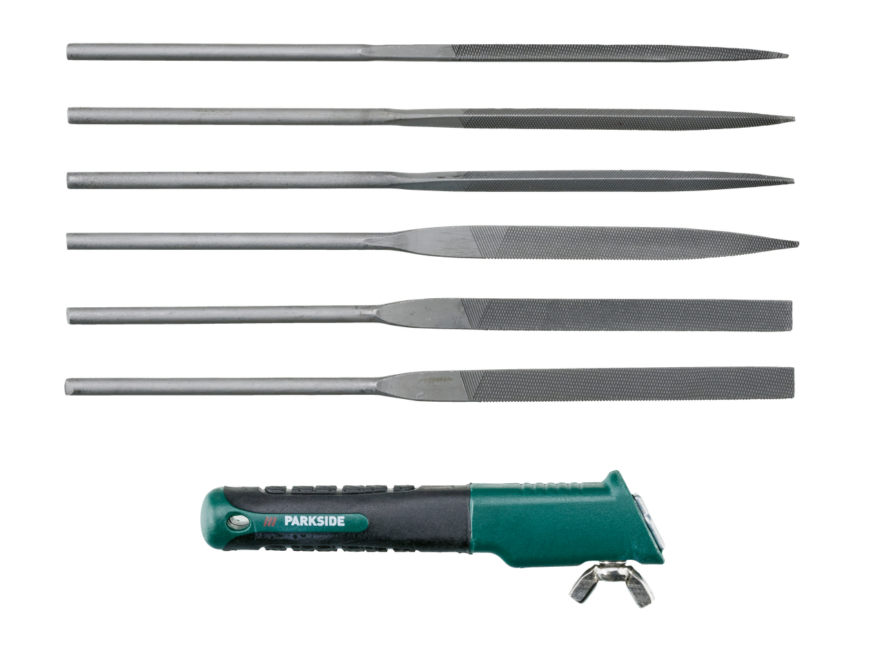 Conjunto de ferramentas PARKSIDE com seis limas diferentes e um cabo.