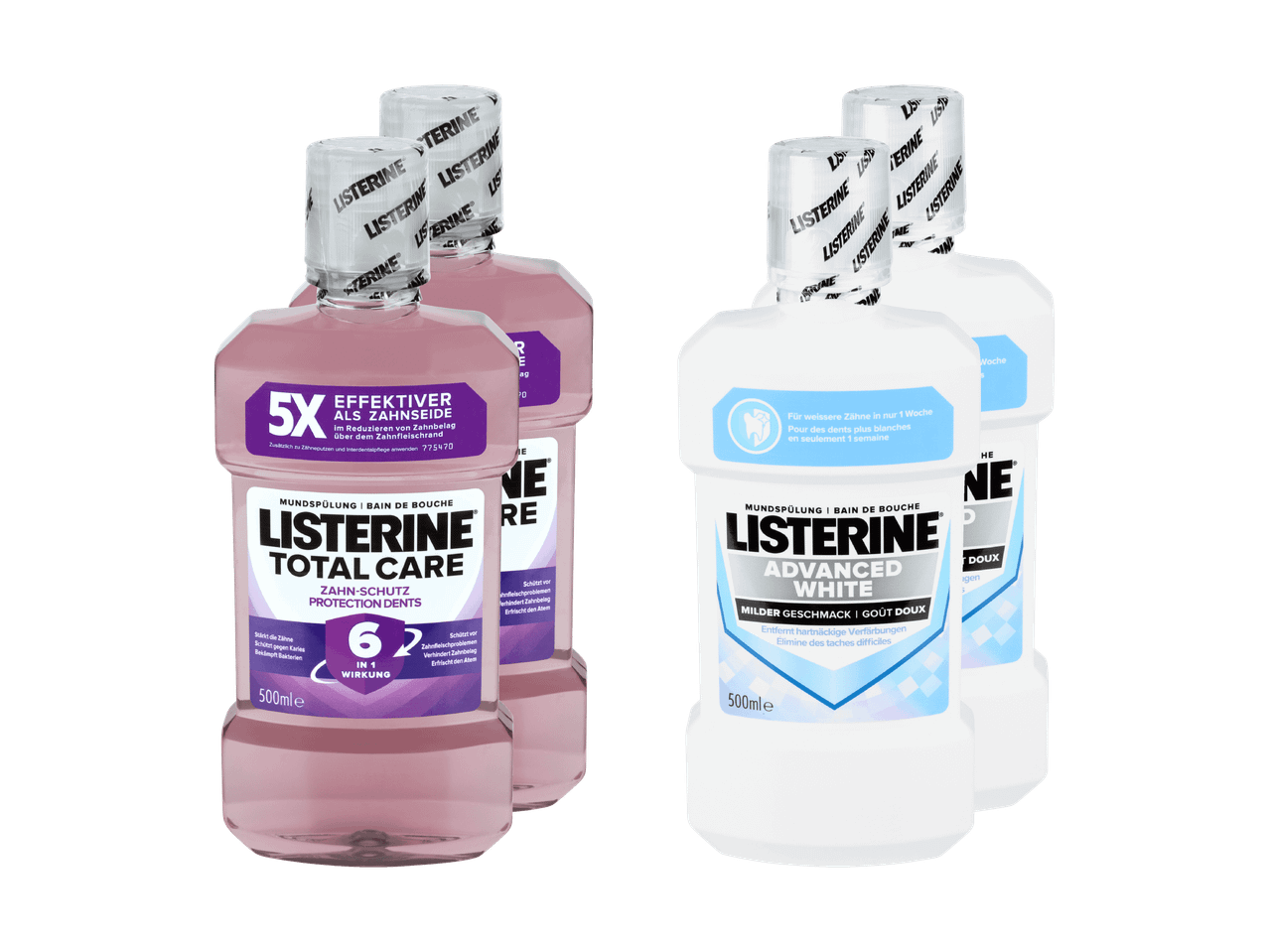 Bouteilles de rince-bouche Listerine Total Care rose et Listerine Advanced White blanc.