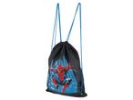 Fekete Spiderman tornazsák kék zsinórral és városképpel a háttérben.