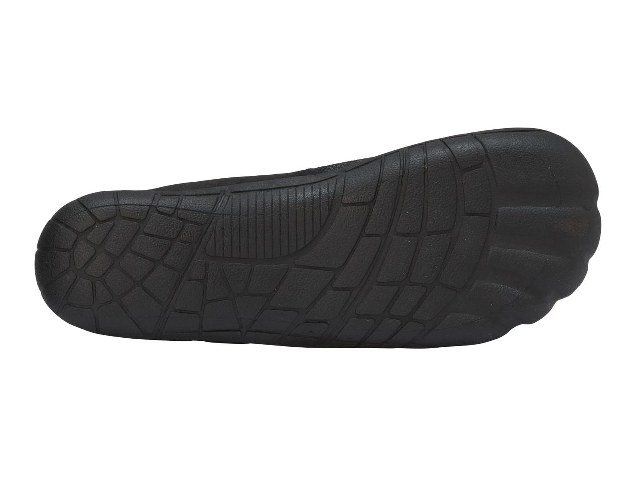 Bottom view of a black water shoe with a textured sole