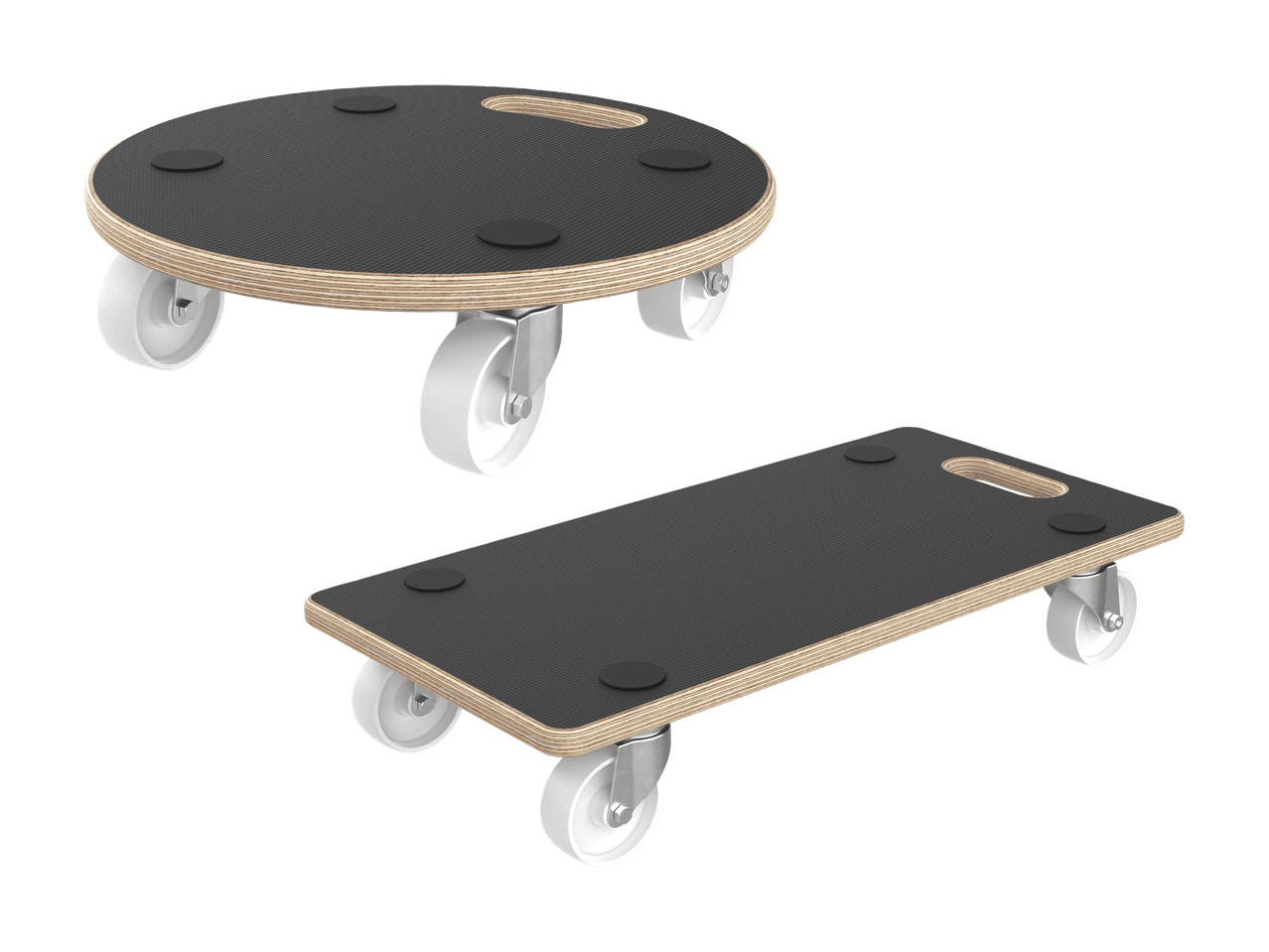 Chariots ronds et rectangulaires en bois avec surface antidérapante et roulettes.