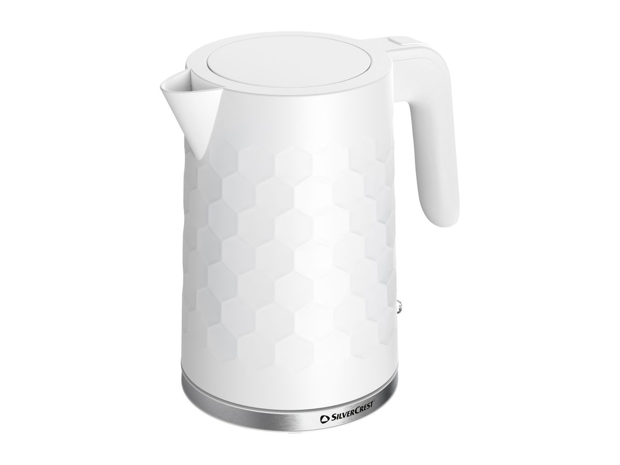 White electric kettle with a textured honeycomb pattern and a stainless steel base