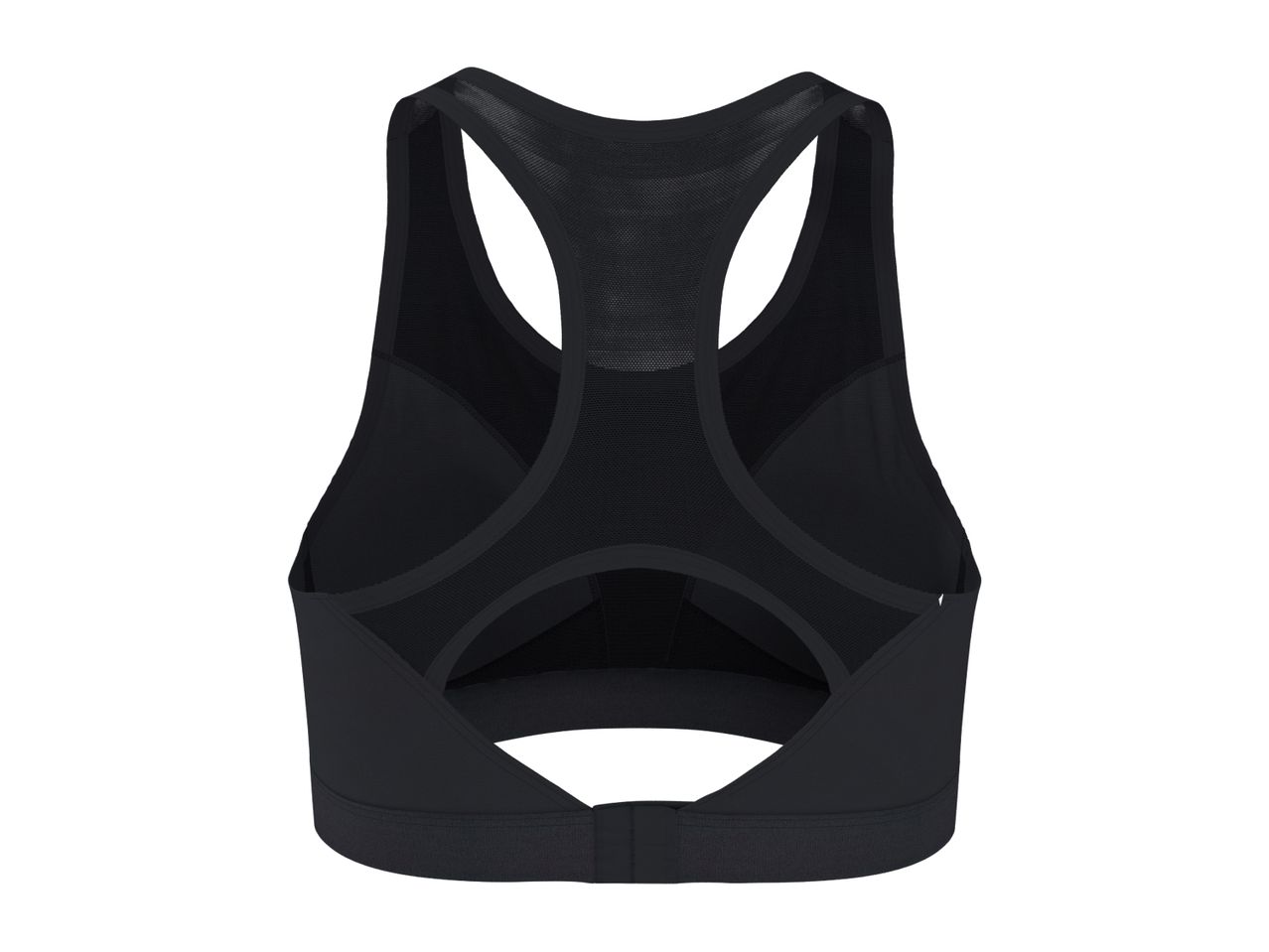 Black women's sports bra with a racerback design and mesh details.
