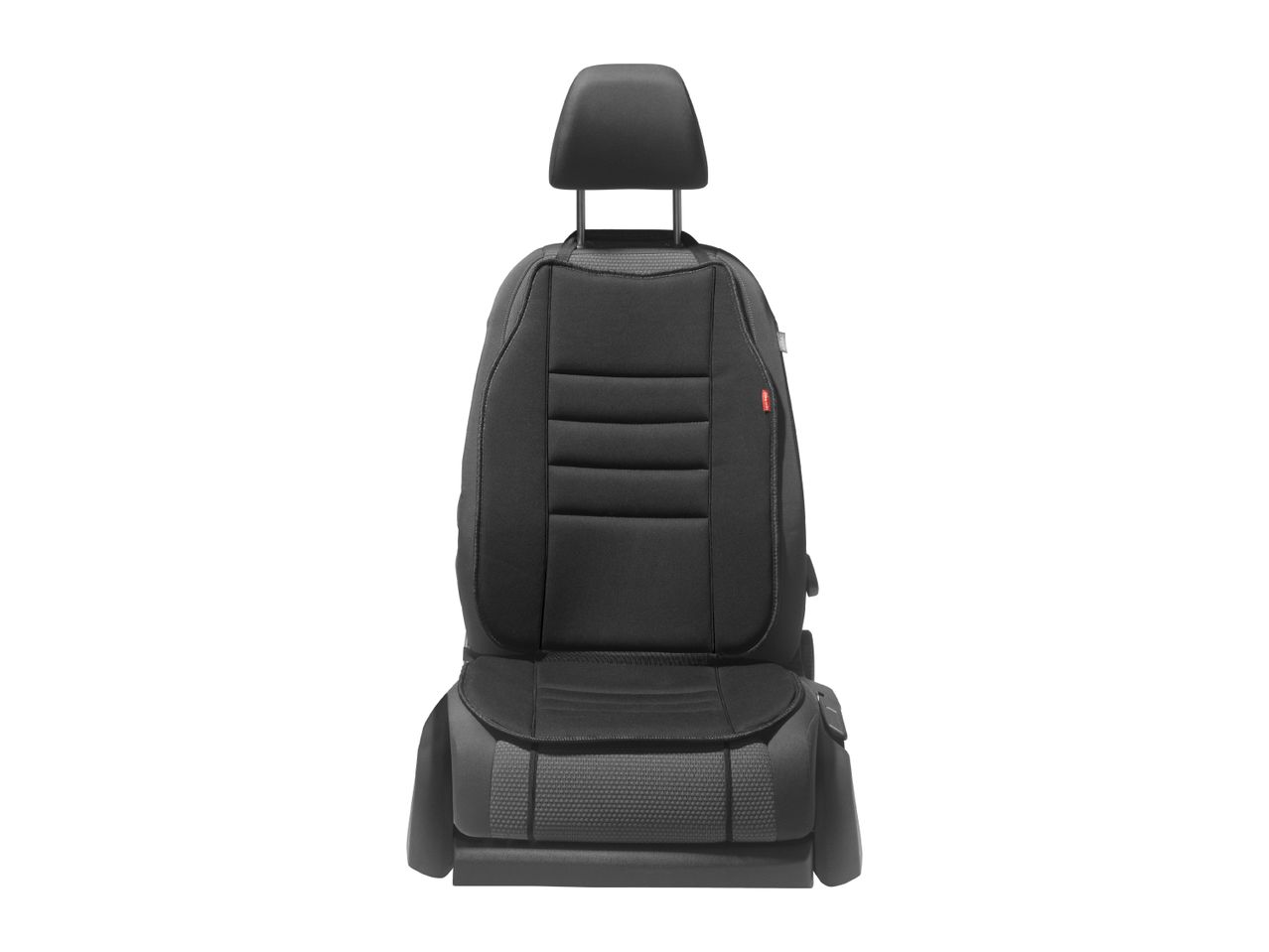 Front view of a black car seat with a headrest and textured fabric details.