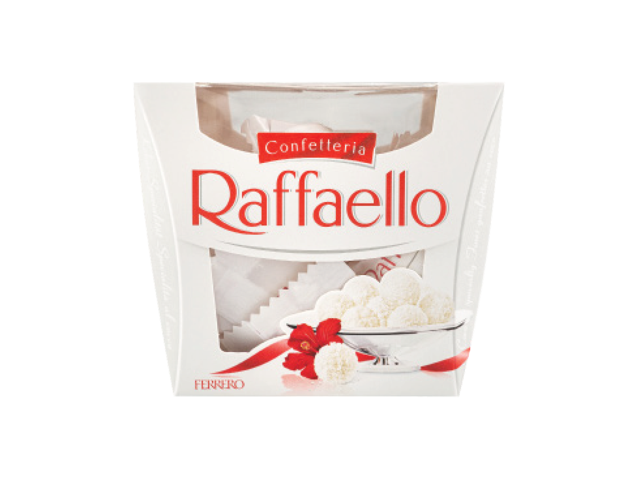 Balto šokolado saldainių dėžutė su kokoso drožlėmis ir raudona gėle.