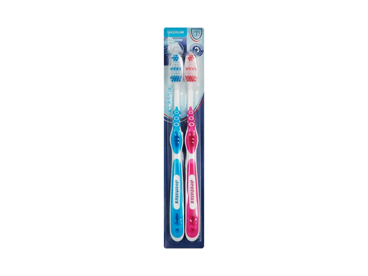Two Dentalux toothbrushes with tongue cleaner.