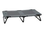 Grey foldable camping cot with black metal frame