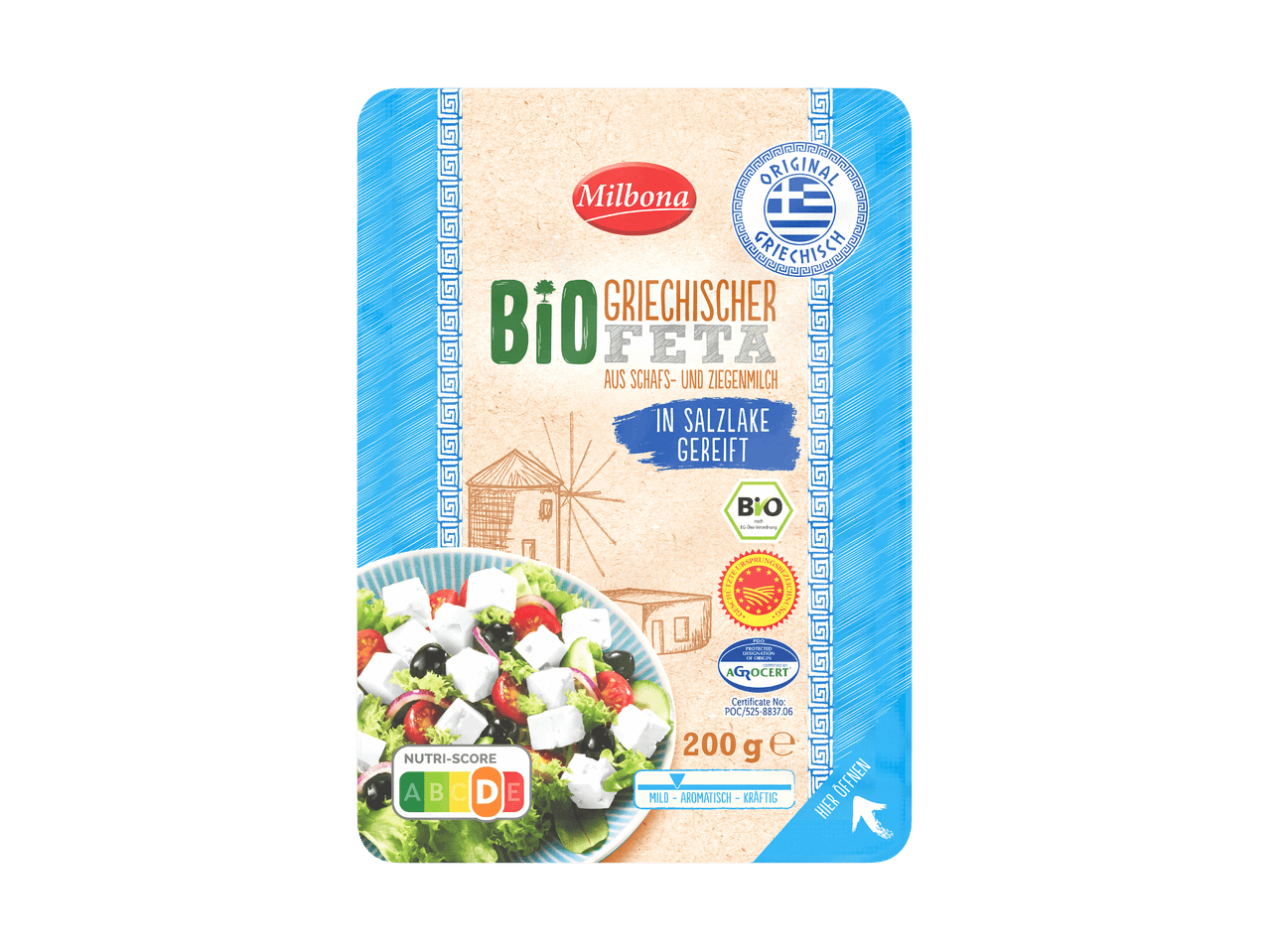 Walhorn Bio Feta in einer Verpackung mit griechischem Design.