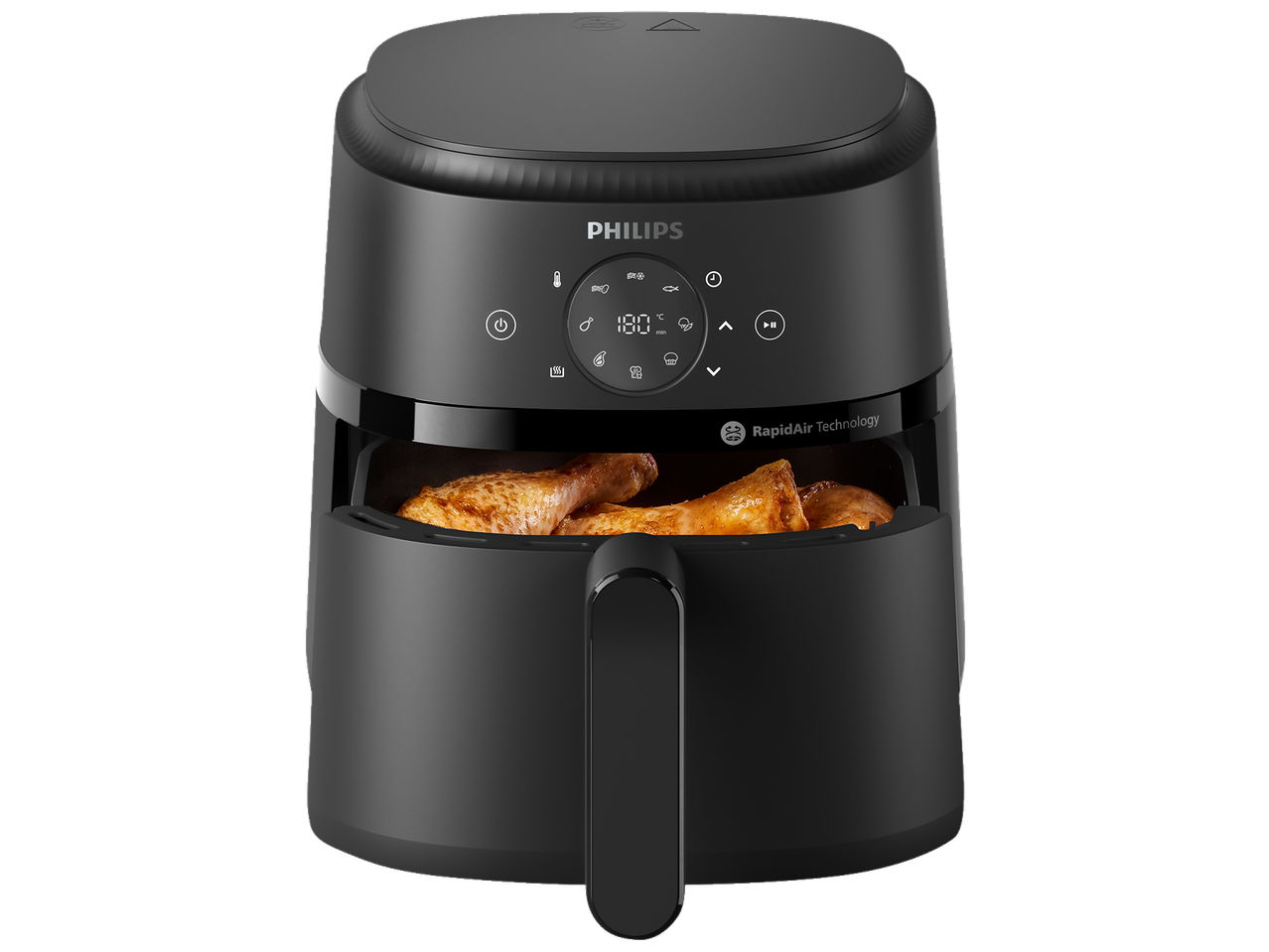 Melna gaisa fritēšanas iekārta ar vistas stilbiņiem, digitālais displejs 180°C, RapidAir tehnoloģija.